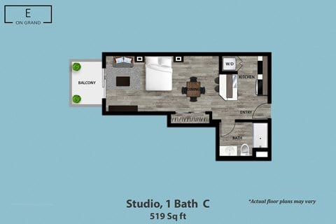 Floor plan for studio, 1 bath, 519 sqft